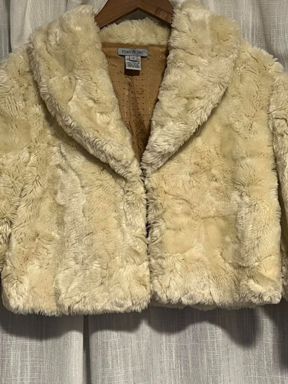 Mac & Jac Plush Faux Fur Cropped Jacket Open Front Tan/Beige Size 10